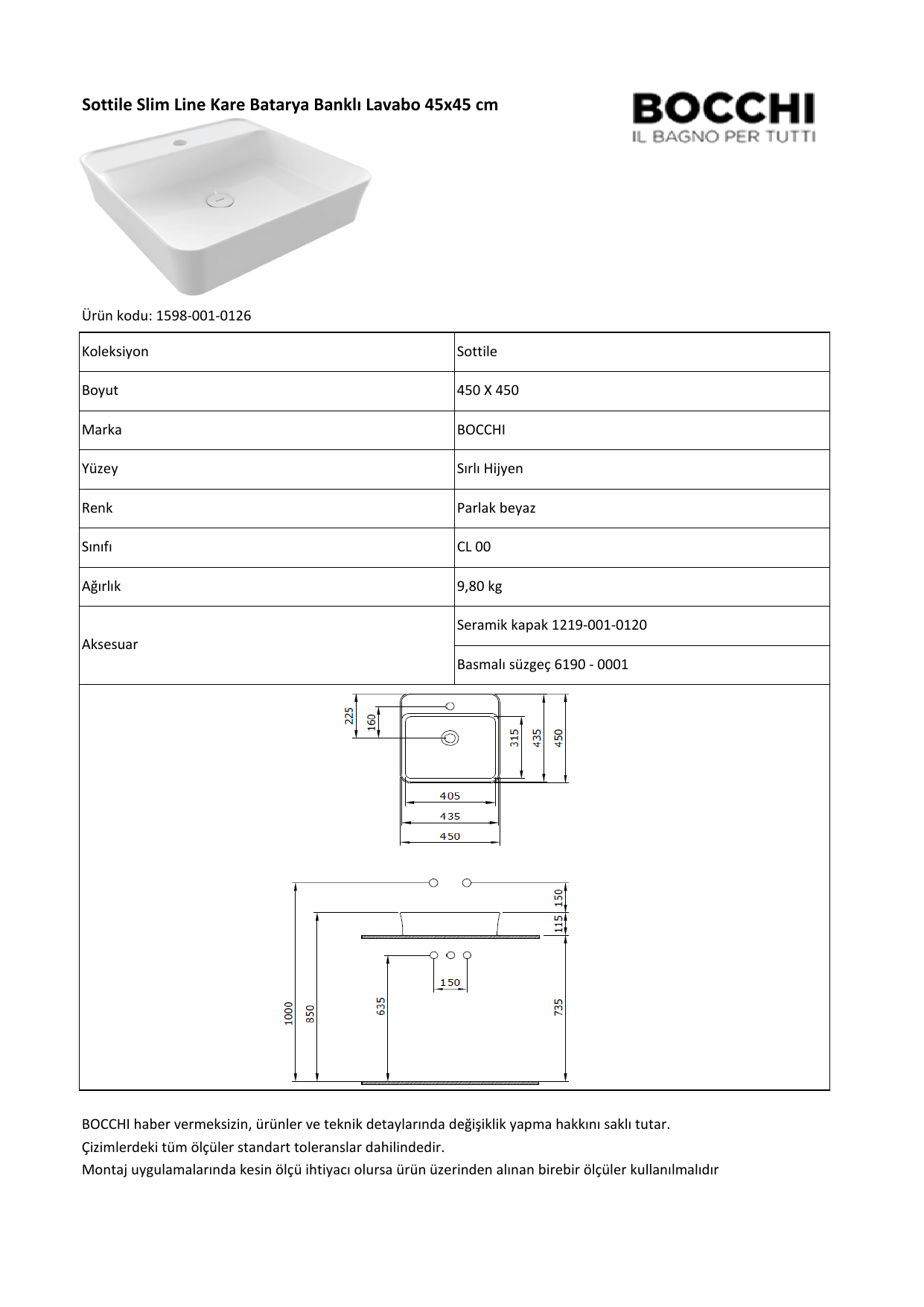 Bocchi Sottile Slim Line kare lavabo 1598 teknik detay ve ölçü çizimi