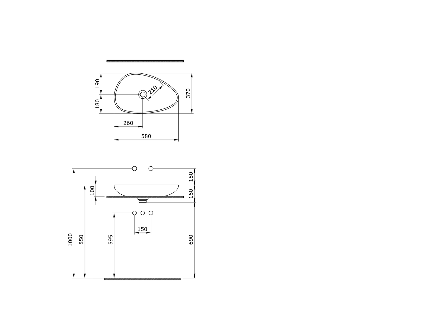 Bocchi Etna 58 cm çanak lavabo teknik çizimi