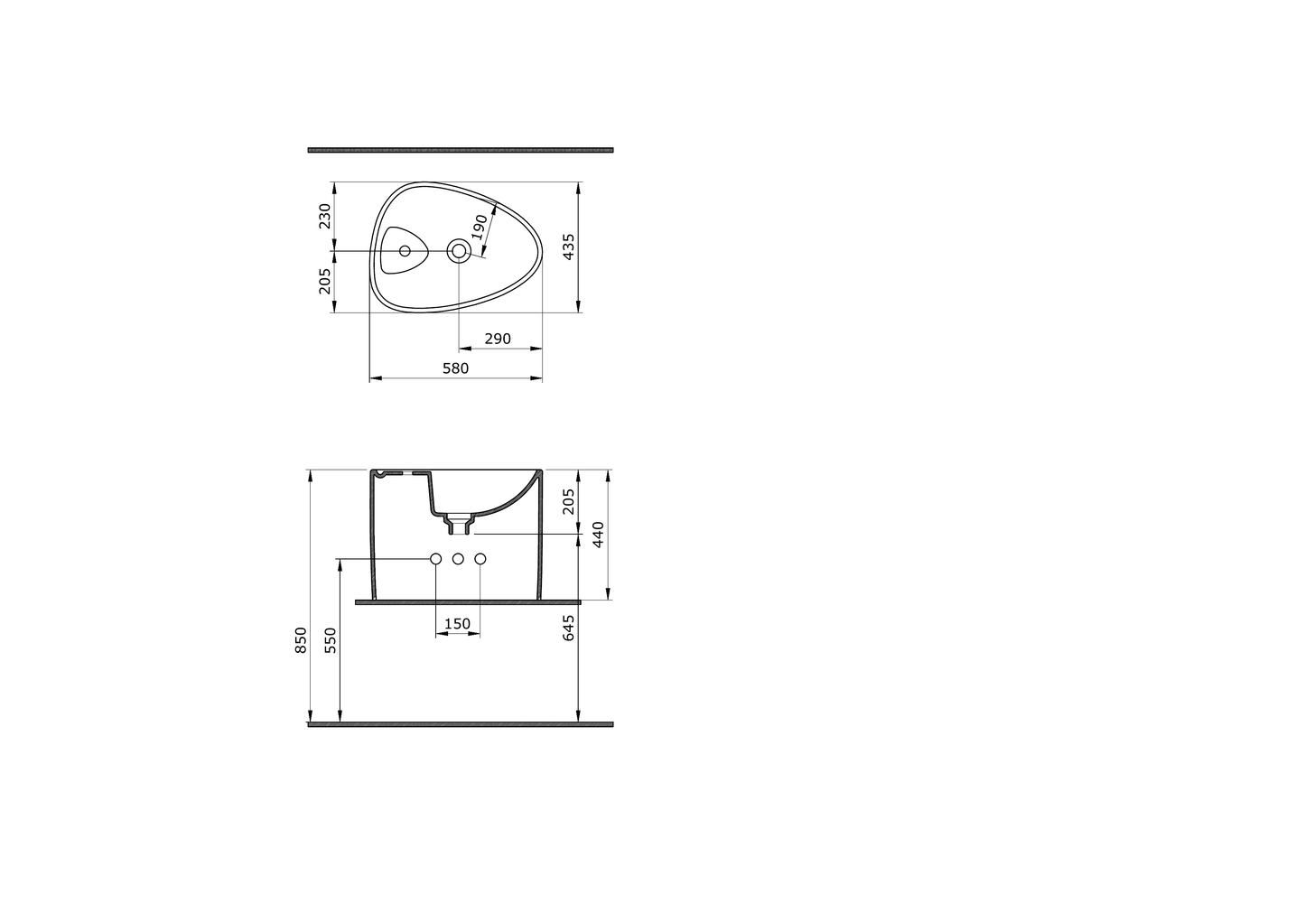 Bocchi Etna 58 cm batarya banklı monoblok lavabo teknik çizimi