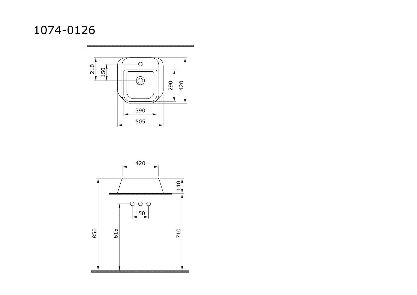 Bocchi Firenze 50 cm batarya banklı çanak lavabo teknik çizimi