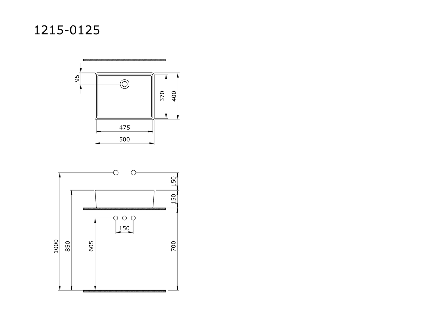 Bocchi Milano 50 cm çanak lavabo teknik çizimi