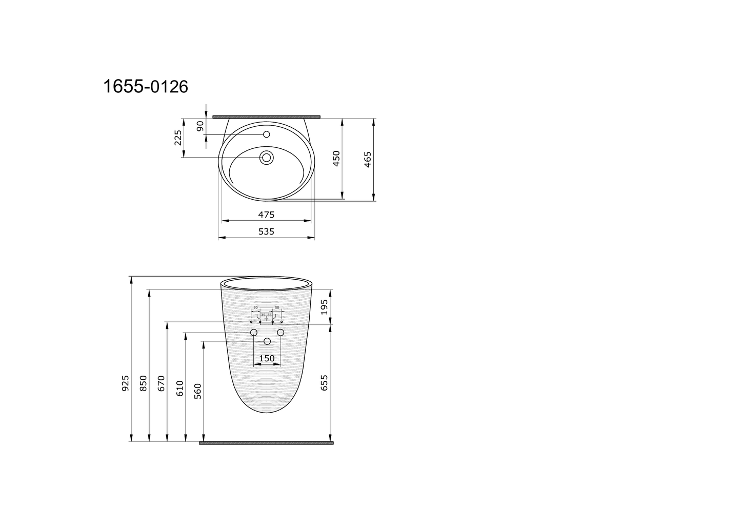 Bocchi Strata monoblok lavabo teknik çizimi