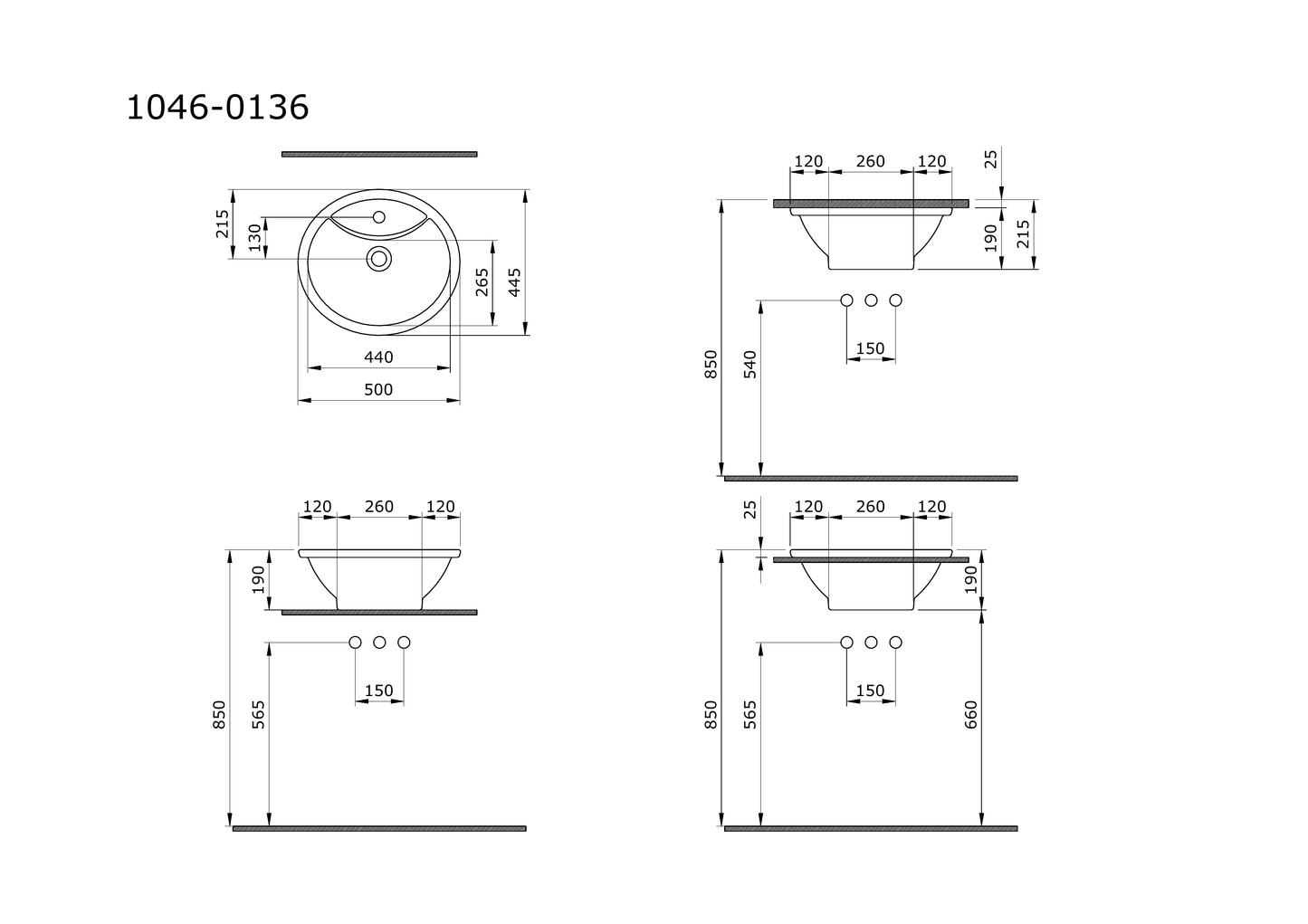 Bocchi Verona 50 cm çanak lavabo teknik çizimi