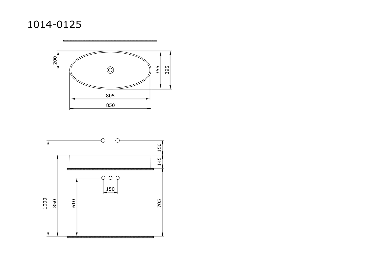 Bocchi Vessel Elips 85 cm çanak lavabo teknik çizimi