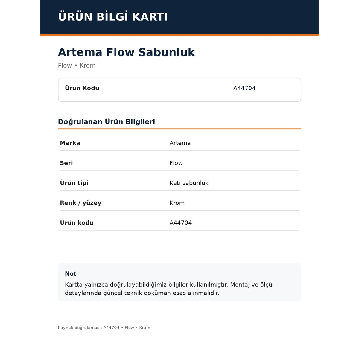 Artema Flow Sabunluk A44704 ürün bilgi kartı