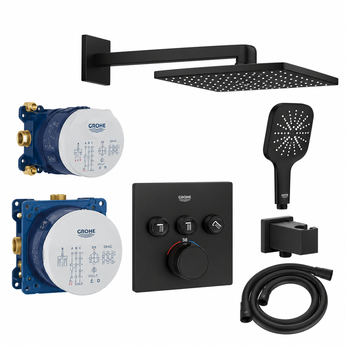 GROHE SmartControl Rainshower SmartActive 310 Cube 3 Yollu Ankastre Termostatik Duş Seti – Phantom Black