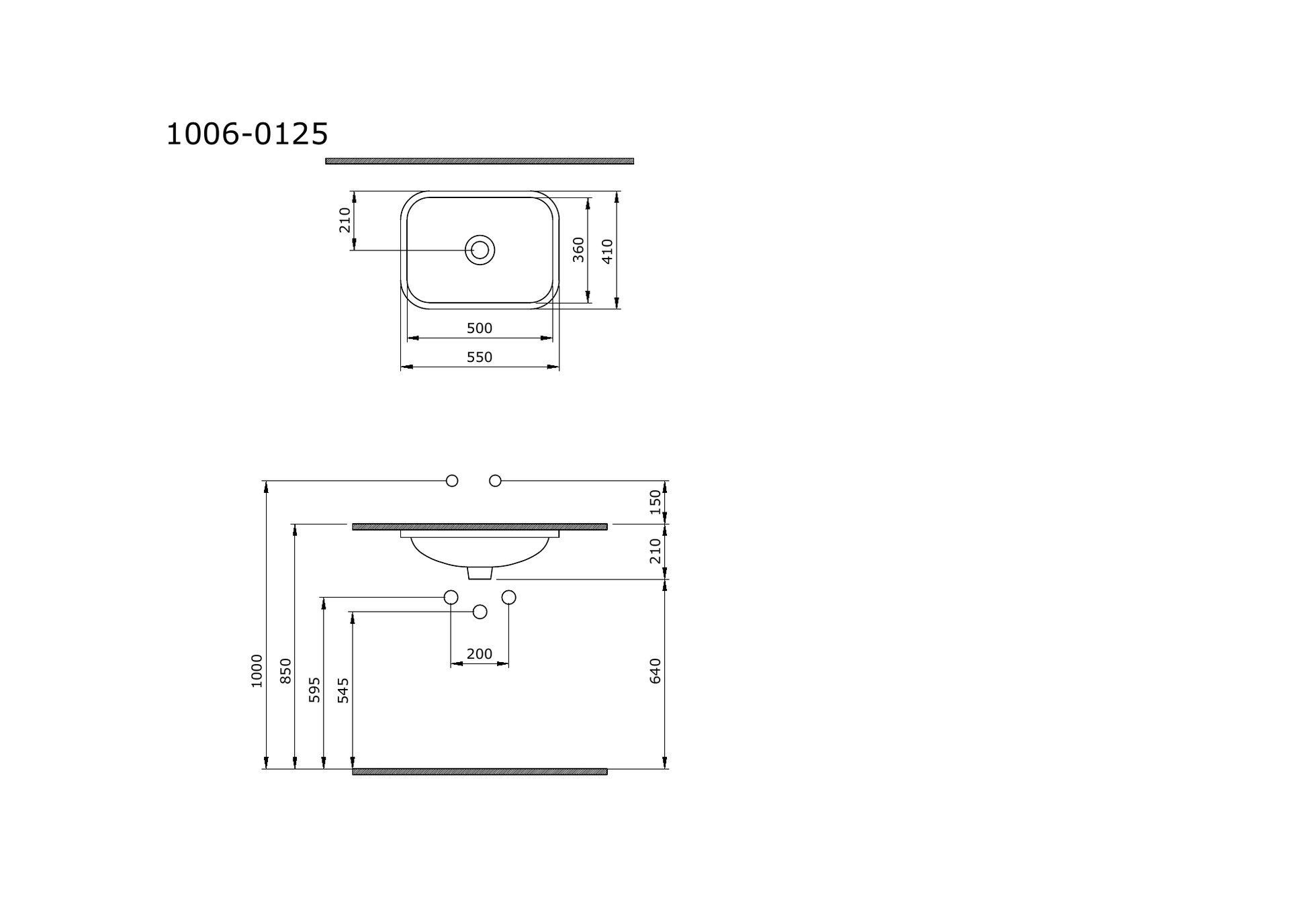 Bocchi Scala Arch 55 cm tezgâh altı lavabo resmî teknik çizimi