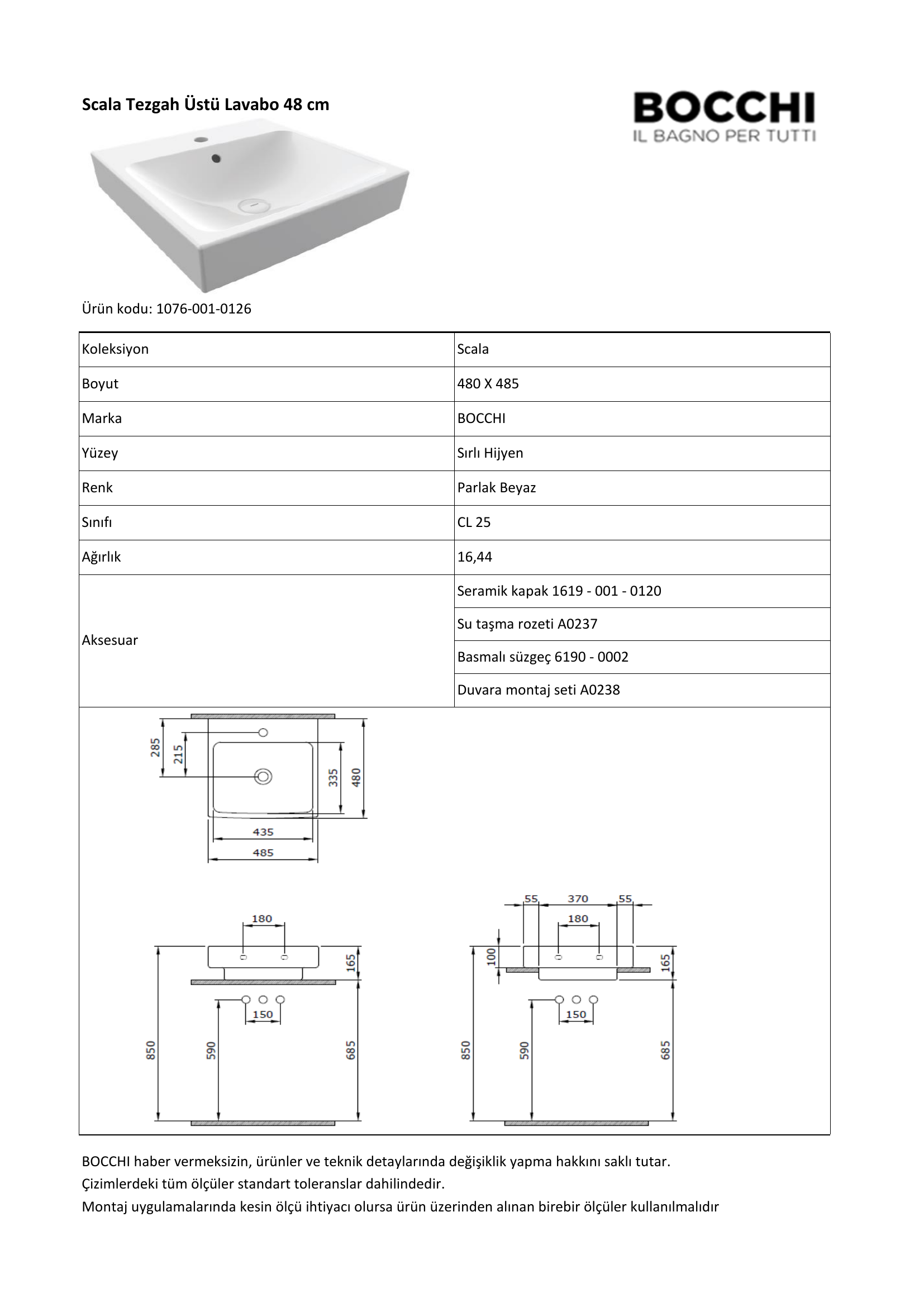 Bocchi Scala Arch 1076 teknik özellik ve ölçü belgesi