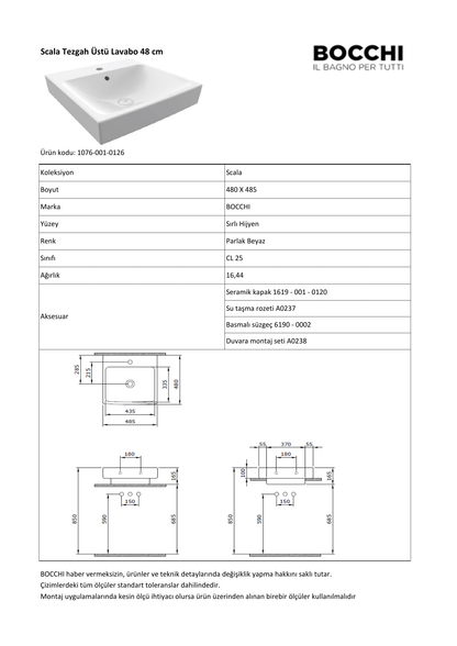 Bocchi Scala Arch 1076 teknik özellik ve ölçü belgesi