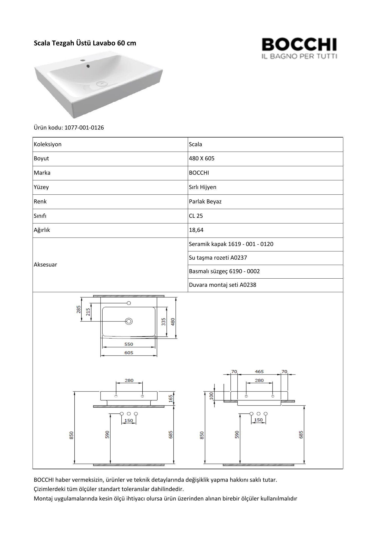 Bocchi Scala Arch 1077 teknik özellik ve ölçü belgesi