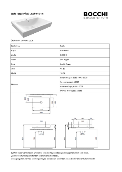 Bocchi Scala Arch 1077 teknik özellik ve ölçü belgesi