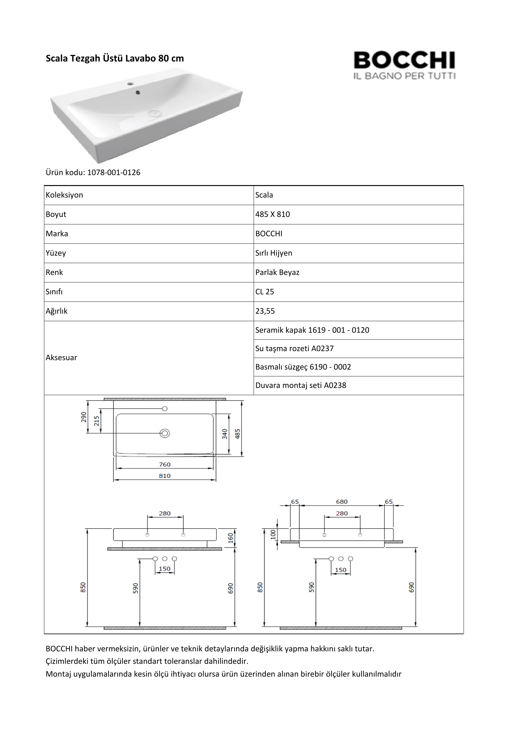 Bocchi Scala Arch 1078 teknik özellik ve ölçü belgesi