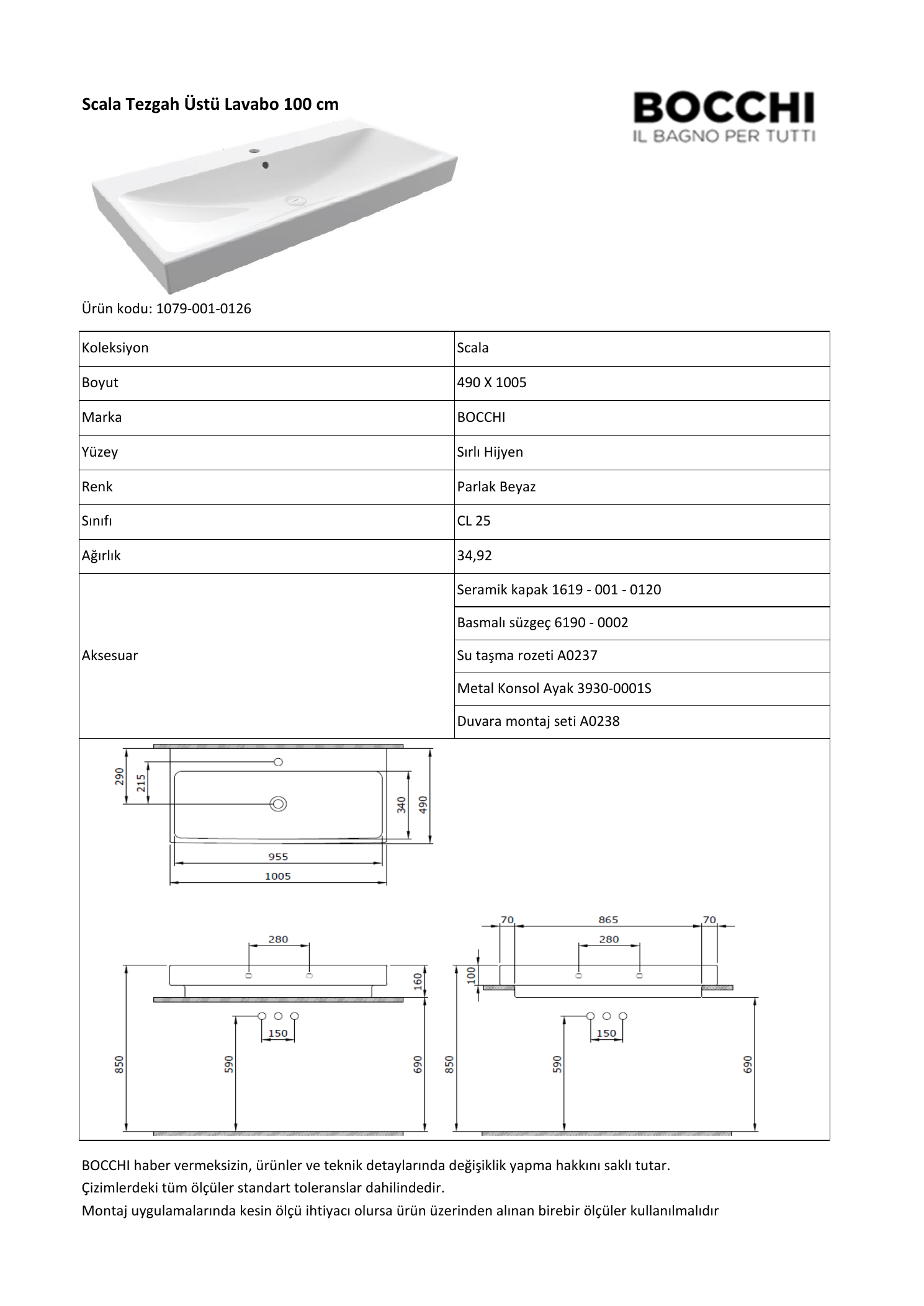 Bocchi Scala Arch 1079 teknik özellik ve ölçü belgesi