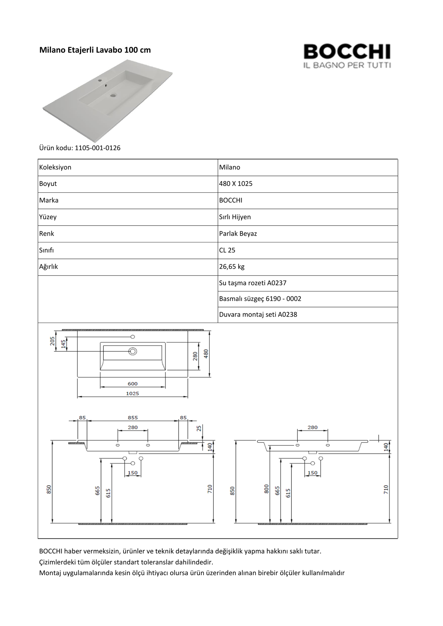 Bocchi Milano 1105-0126 resmî teknik ölçü ve detay görseli