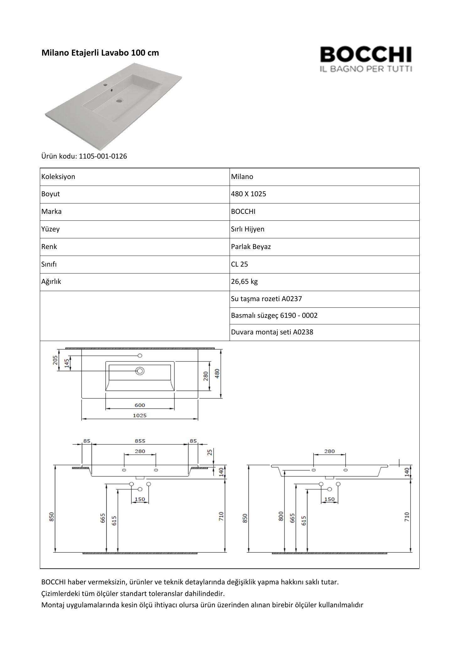 Bocchi Milano 1105-0126 resmî teknik ölçü ve detay görseli
