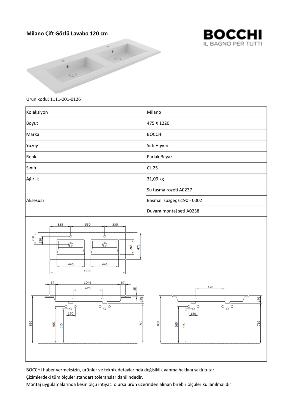 Bocchi Milano 1111-0126 çift gözlü lavabo resmî teknik detay görseli