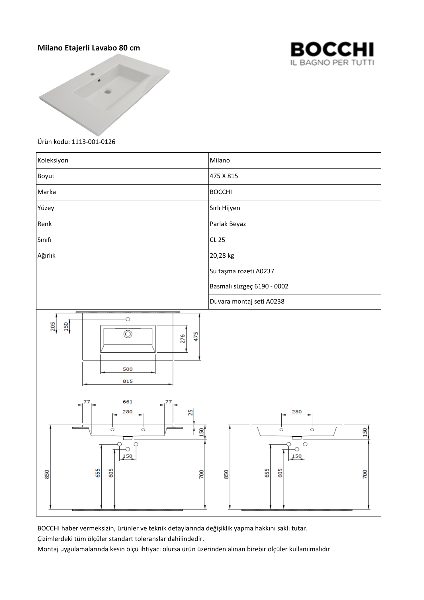 Bocchi Milano 1113-0126 80 cm lavabo resmî teknik detay görseli