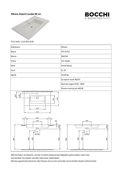 Bocchi Milano 1113-0126 80 cm lavabo resmî teknik detay görseli