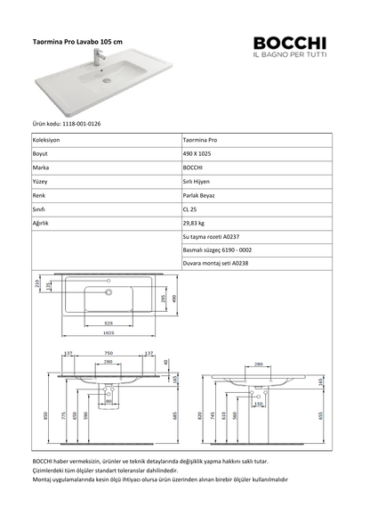 Bocchi Taormina Pro 1118 teknik özellik ve ölçü belgesi