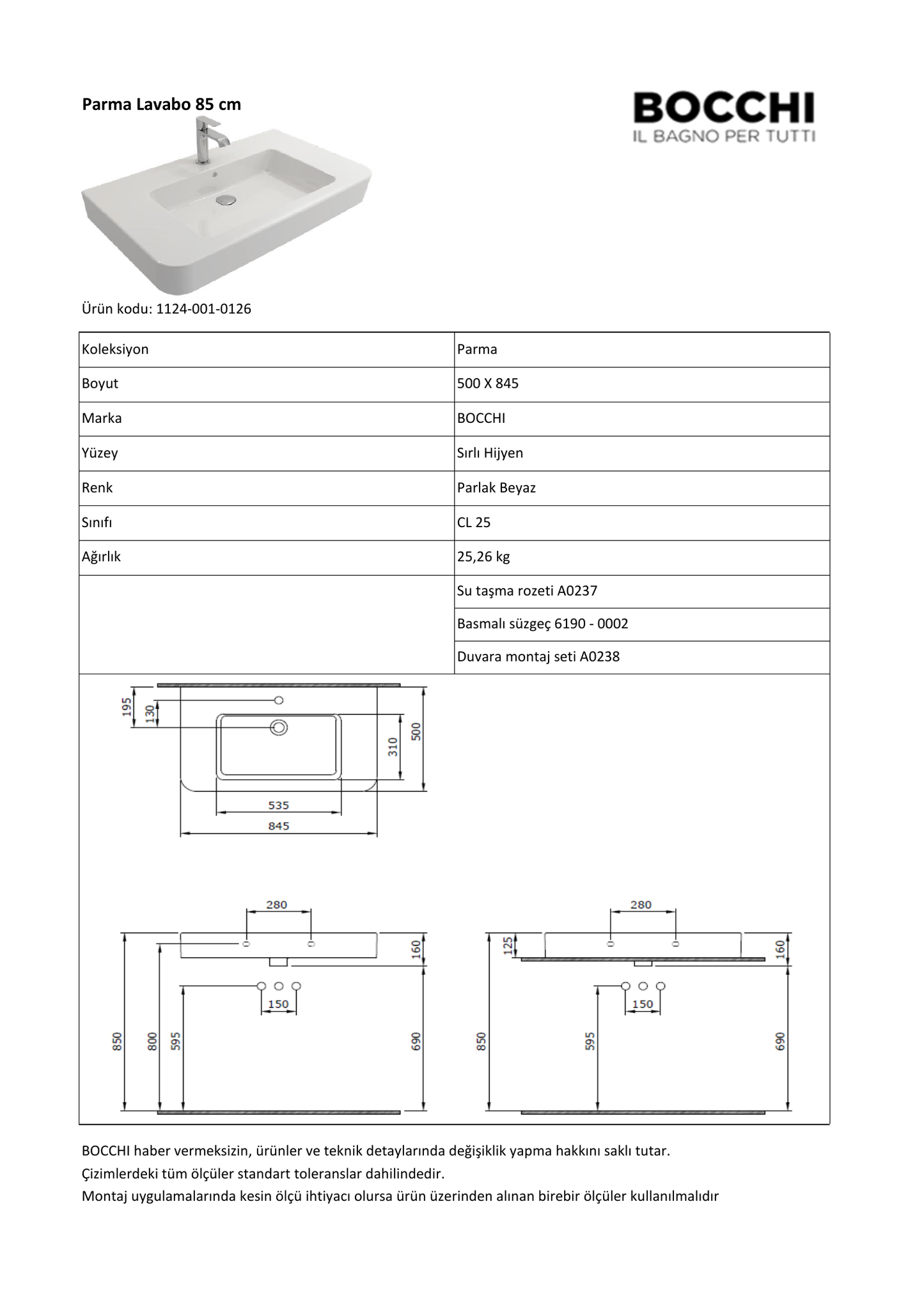 Bocchi Parma 1124 teknik özellik ve ölçü belgesi