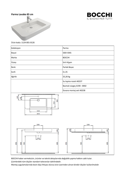 Bocchi Parma 1124 teknik özellik ve ölçü belgesi