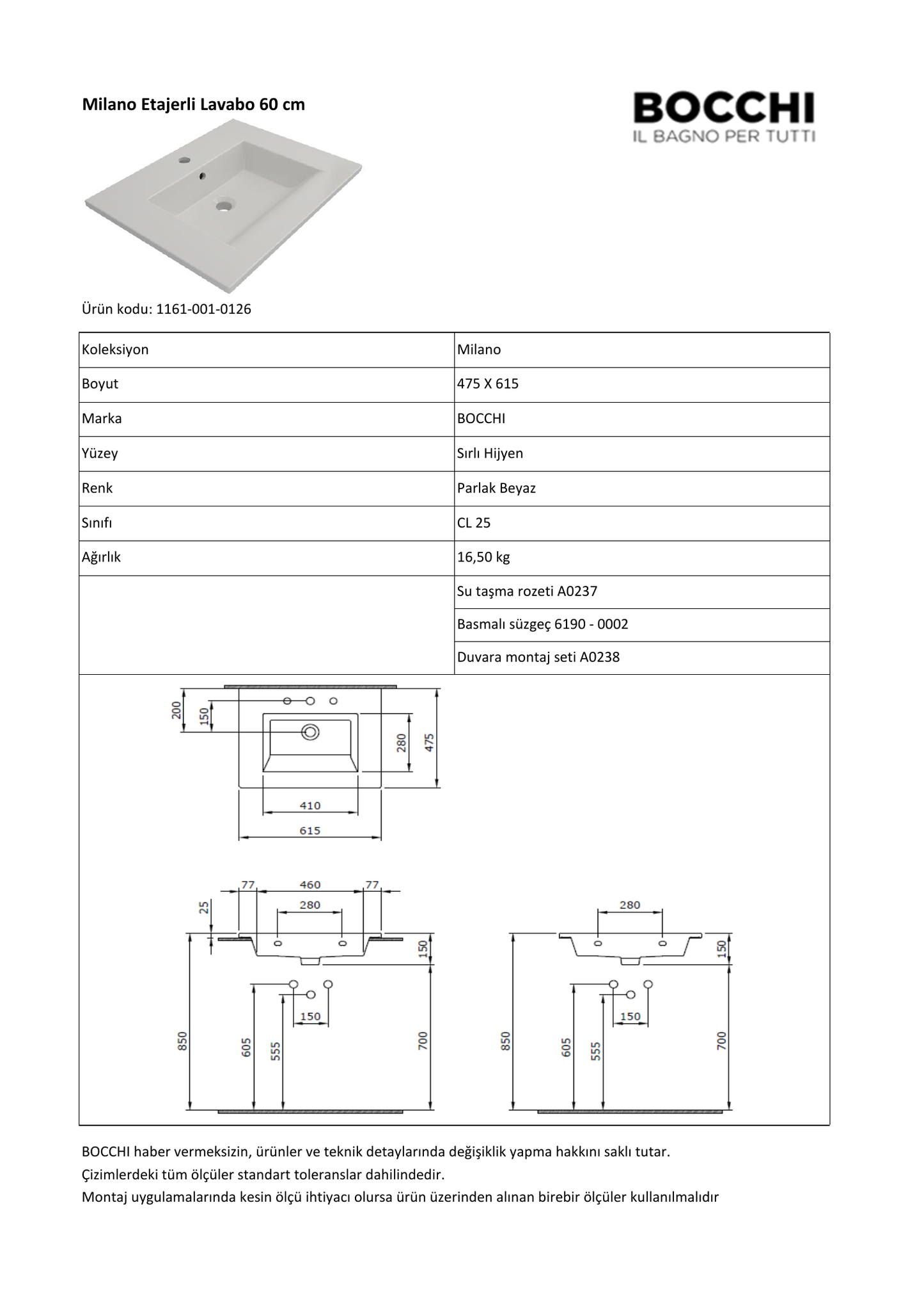 Bocchi Milano 1161 teknik özellik ve ölçü belgesi