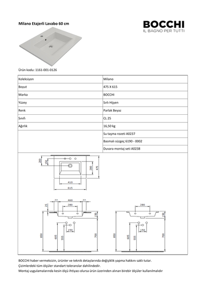 Bocchi Milano 1161 teknik özellik ve ölçü belgesi