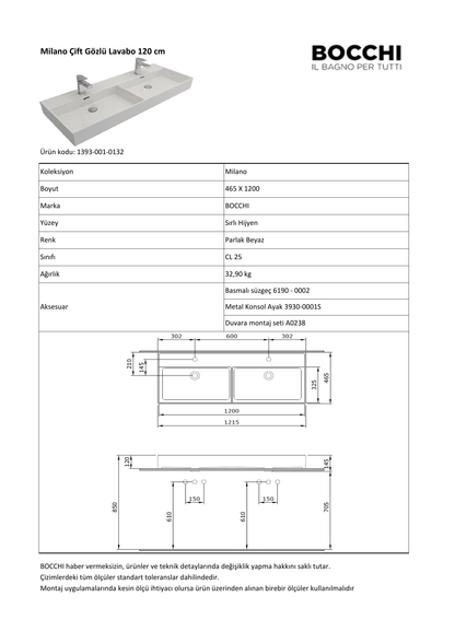 Bocchi Milano Çift Gözlü Tezgâh Üstü/Asma Lavabo 120 cm Mat Beton