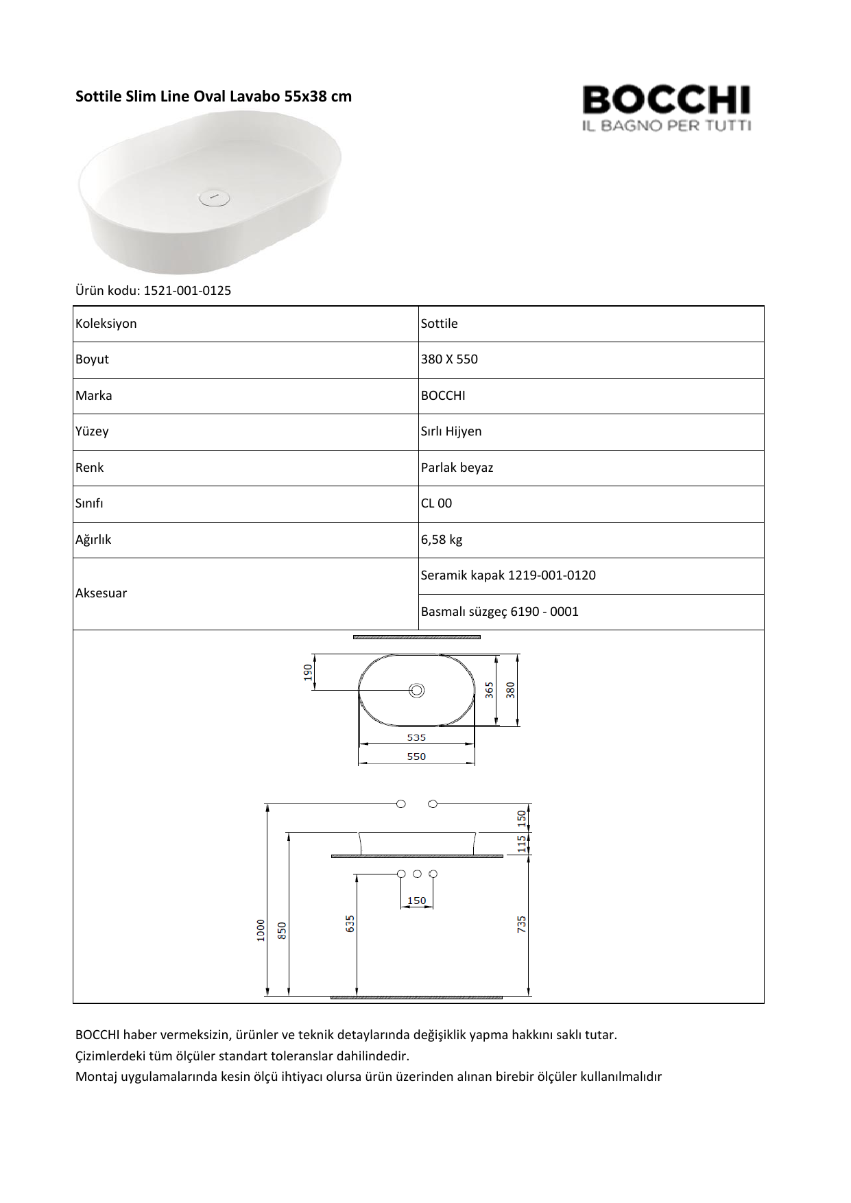 Bocchi Sottile Slim Line oval lavabo 1521 teknik detay ve ölçü çizimi