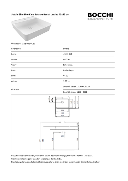 Bocchi Sottile Slim Line kare lavabo 1598 teknik detay ve ölçü çizimi