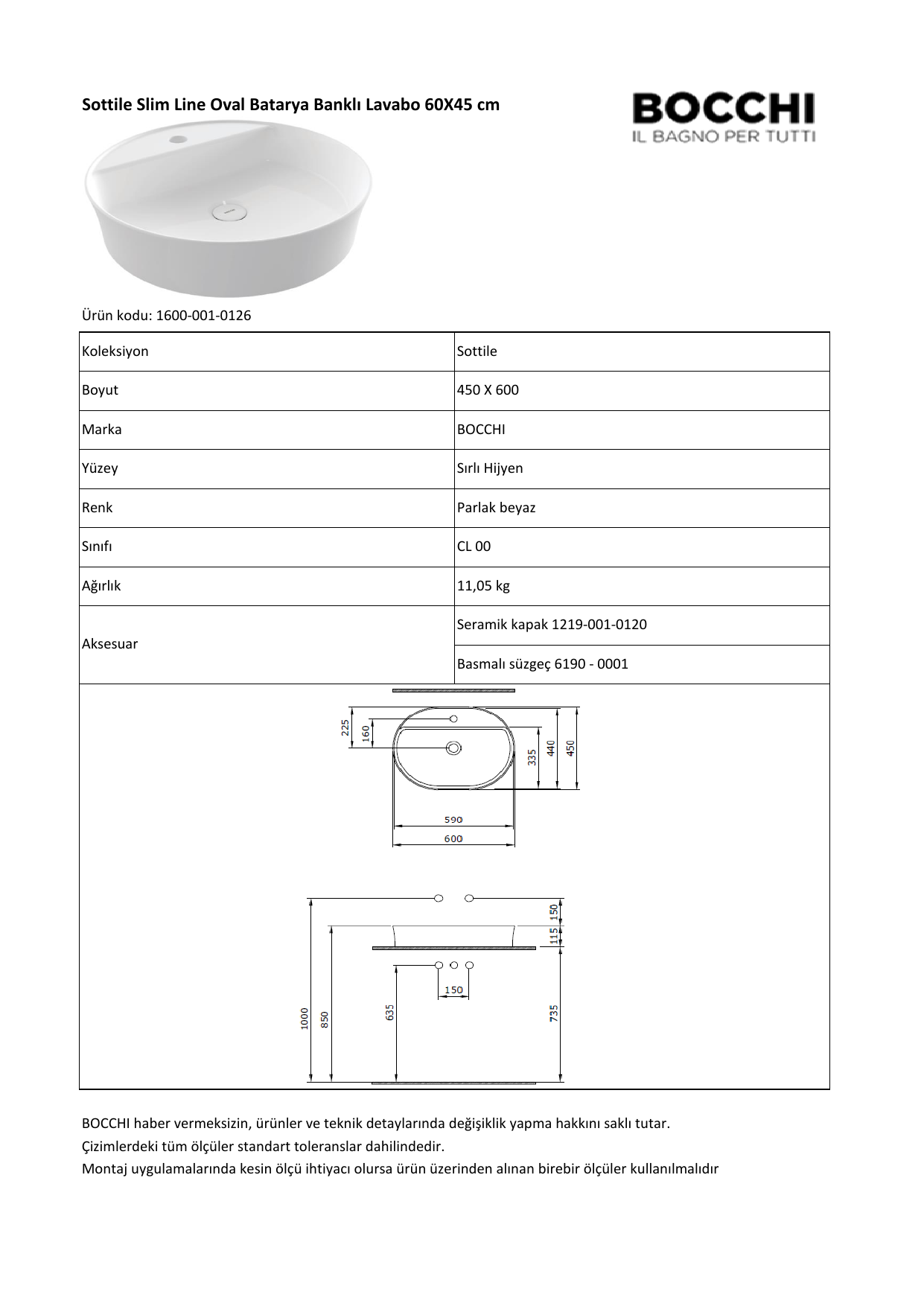Bocchi Sottile Slim Line oval lavabo 1600 teknik detay ve ölçü çizimi