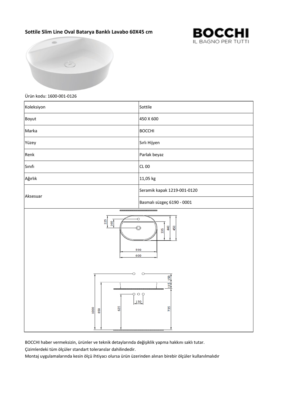 Bocchi Sottile Slim Line oval lavabo 1600 teknik detay ve ölçü çizimi