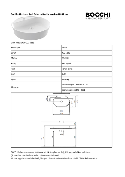 Bocchi Sottile Slim Line oval lavabo 1600 teknik detay ve ölçü çizimi