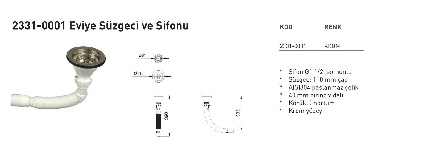 Bocchi 2331-0001 eviye süzgeci ve sifonu teknik ölçü çizimi