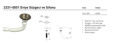 Bocchi 2331-0001 eviye süzgeci ve sifonu teknik ölçü çizimi
