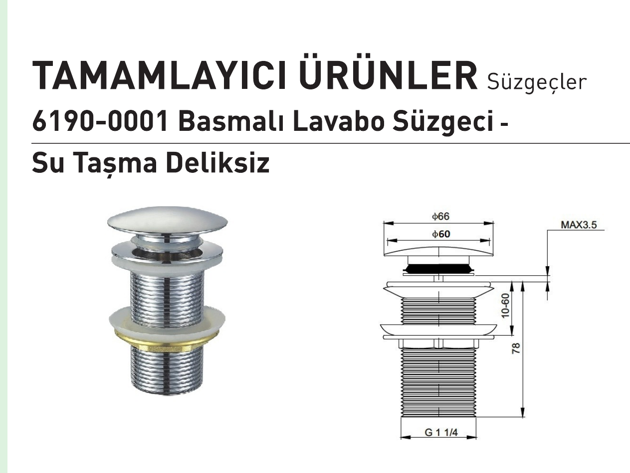 Bocchi 6190-0001 su taşma deliksiz süzgeç resmî teknik çizimi