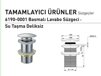 Bocchi 6190-0001 su taşma deliksiz süzgeç resmî teknik çizimi