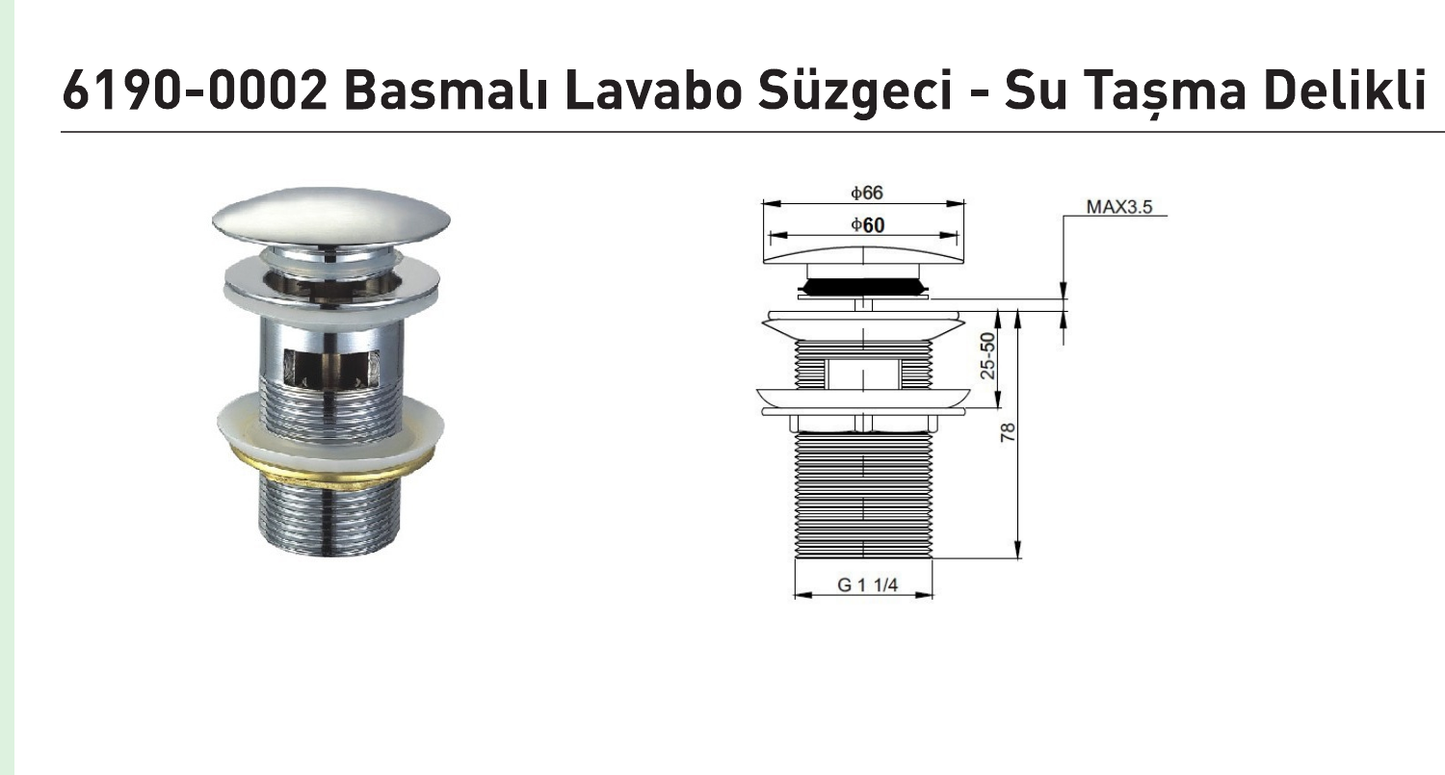 Bocchi 6190-0002 su taşma delikli süzgeç resmî teknik çizimi