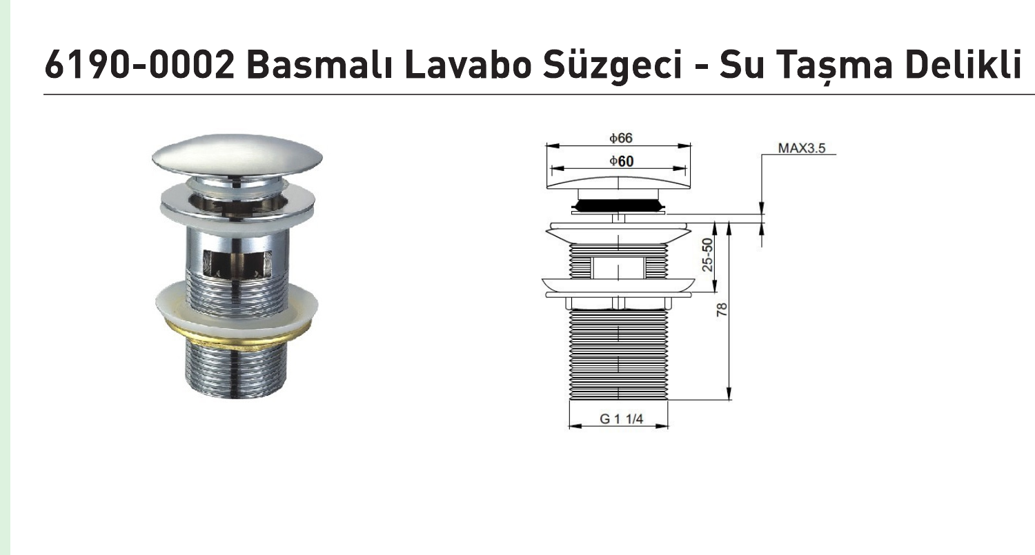 Bocchi 6190-0002 su taşma delikli süzgeç resmî teknik çizimi