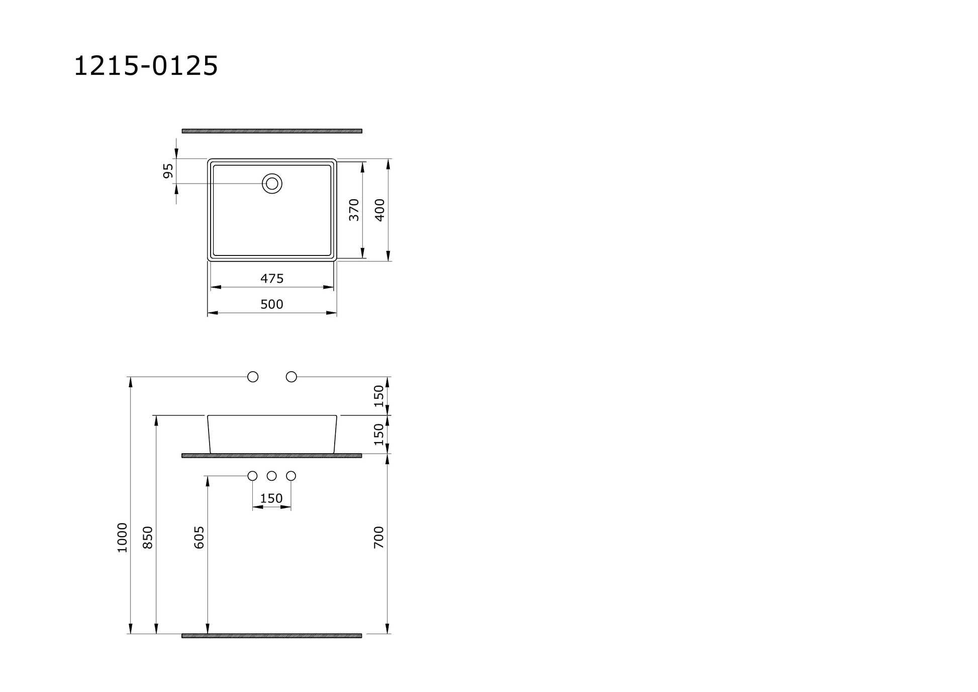 Bocchi Milano 50 cm çanak lavabo teknik çizimi
