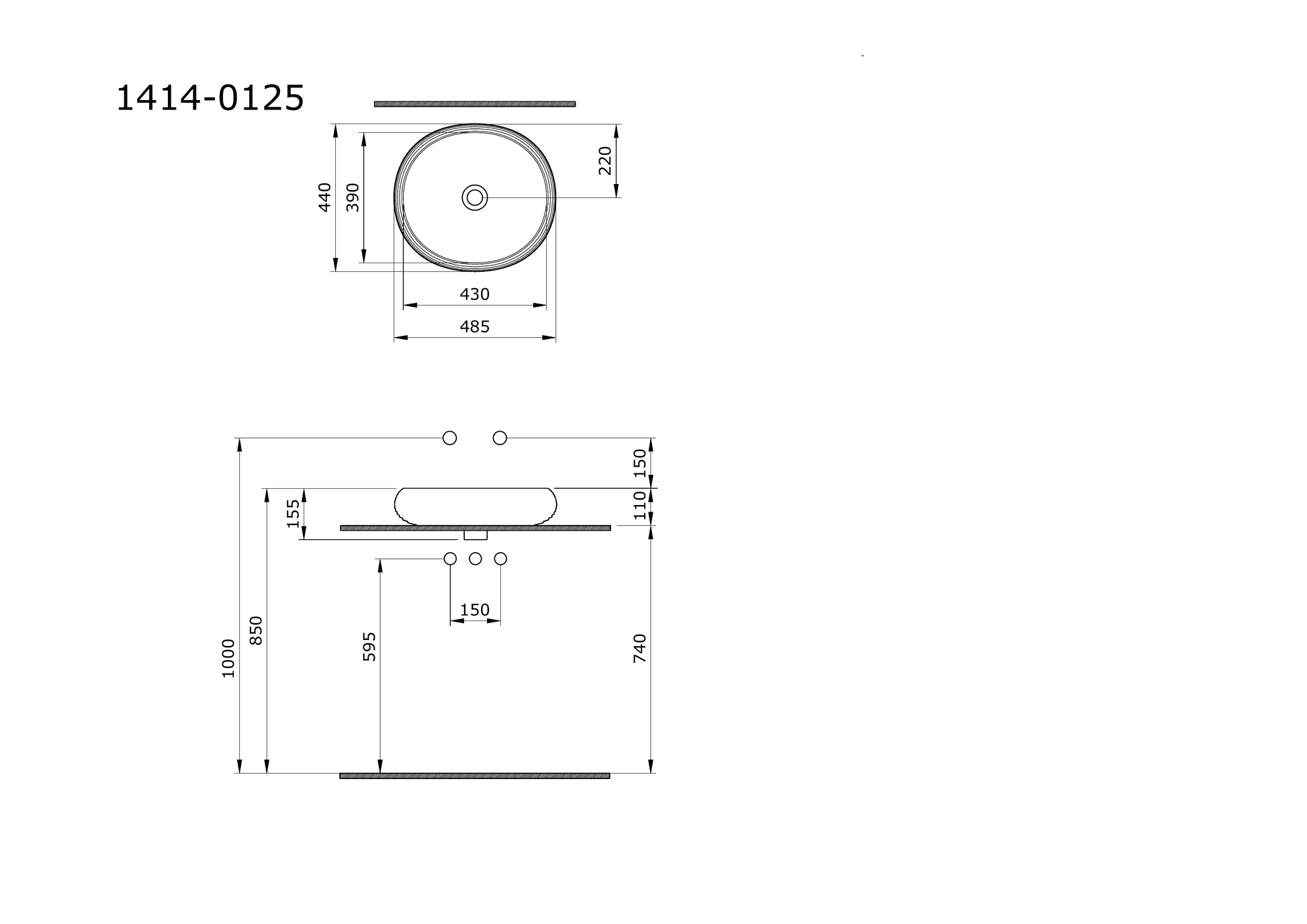 Bocchi Strata 49 cm lavabo teknik çizimi