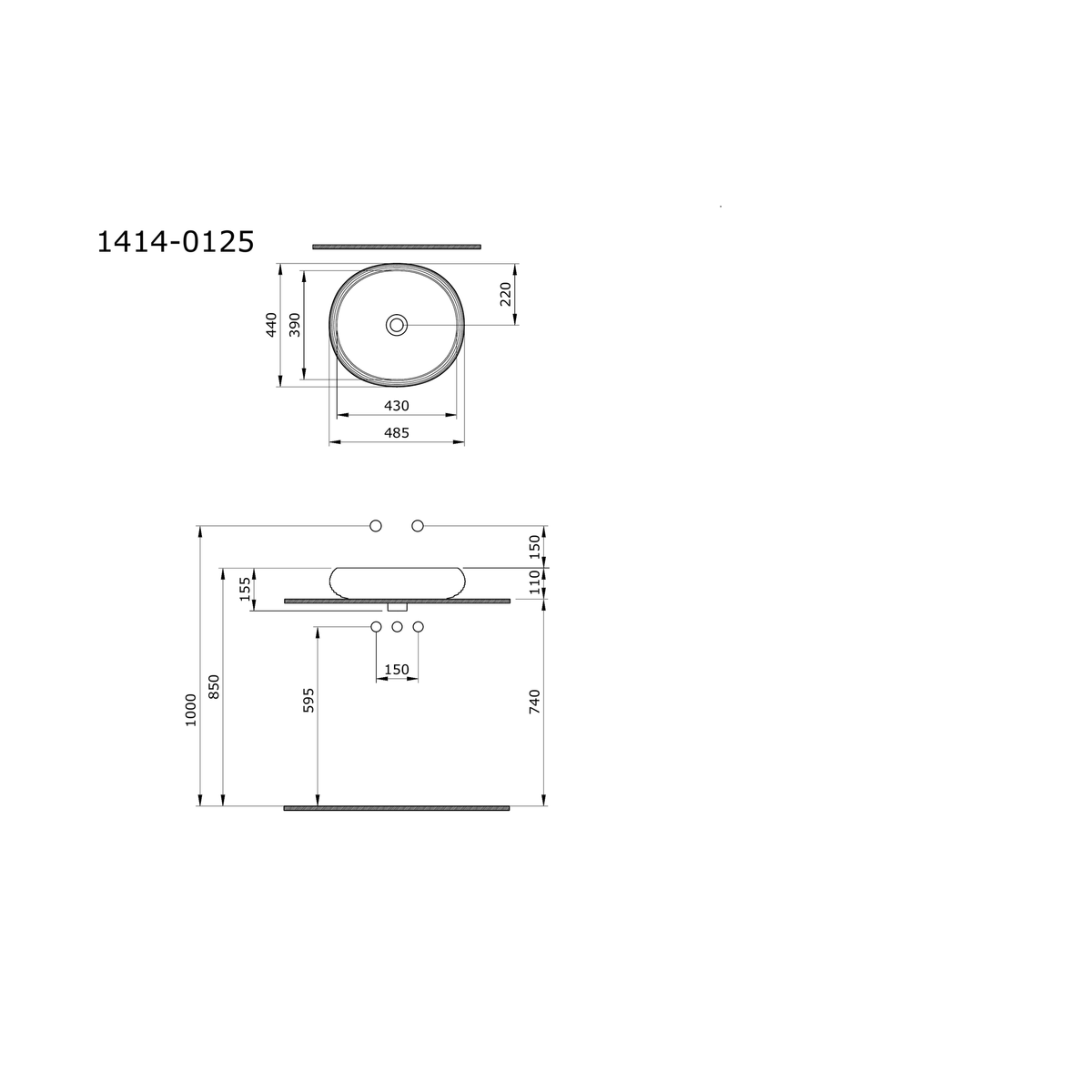 Bocchi Strata 49 cm lavabo teknik çizimi