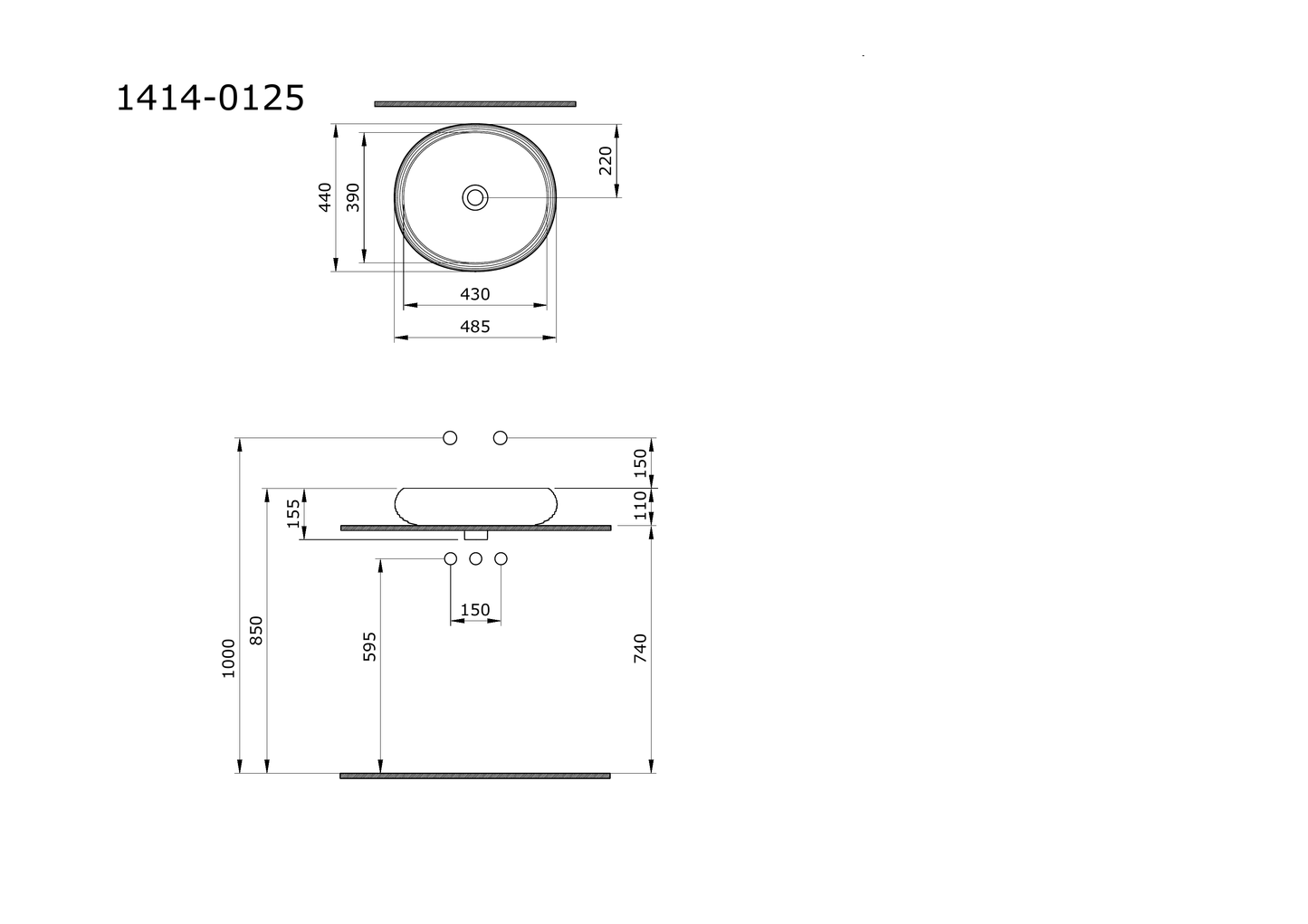 Bocchi Strata 49 cm lavabo teknik çizimi
