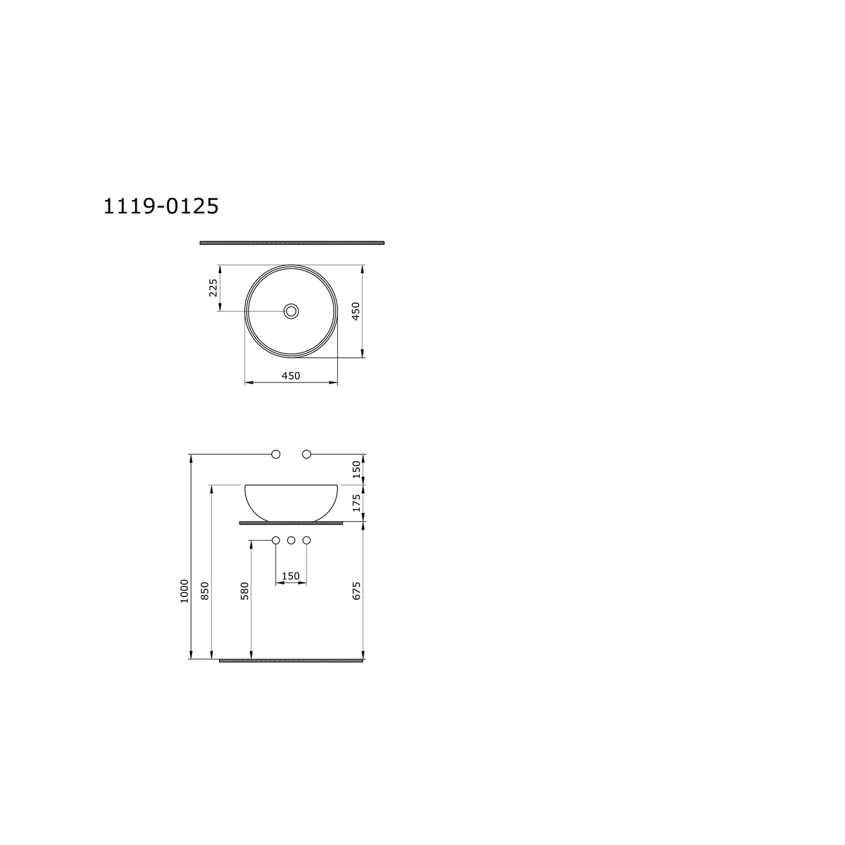 Bocchi Venezia 45 cm çanak lavabo teknik çizimi