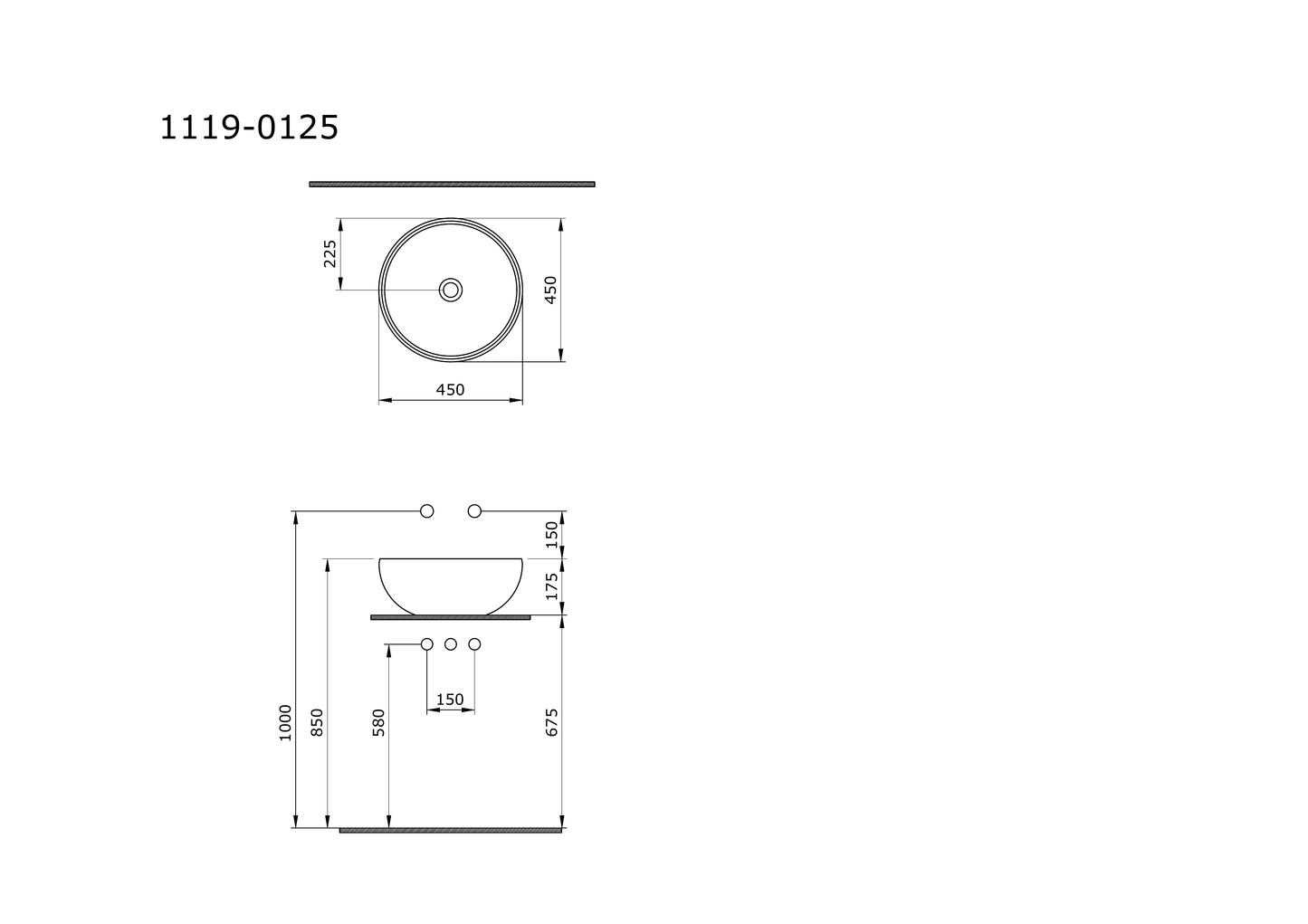 Bocchi Venezia 45 cm çanak lavabo teknik çizimi