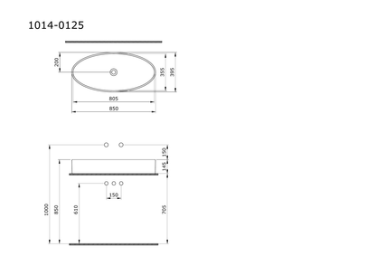 Bocchi Vessel Elips 85 cm çanak lavabo teknik çizimi