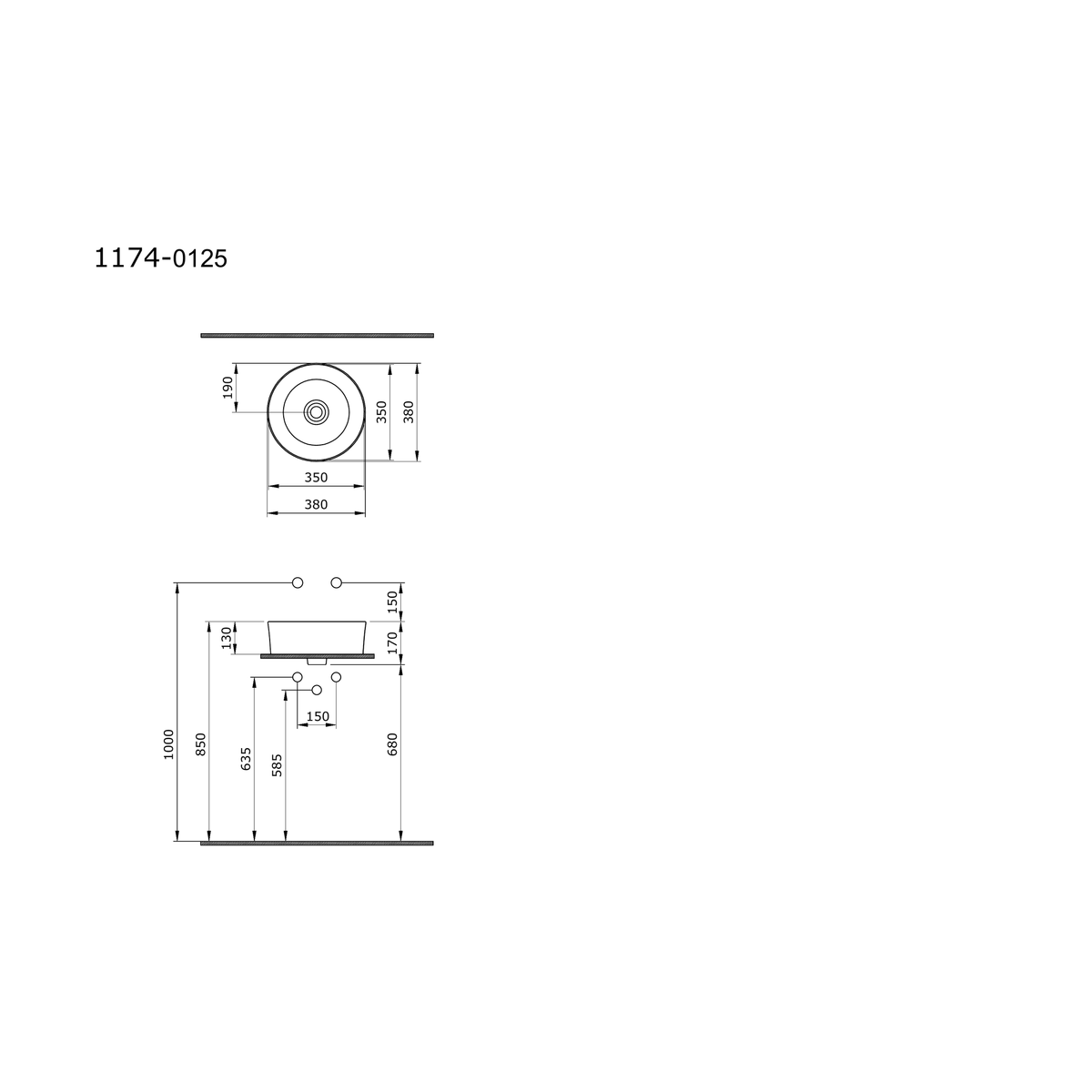 Bocchi Vessel yuvarlak 38 cm lavabo teknik çizimi