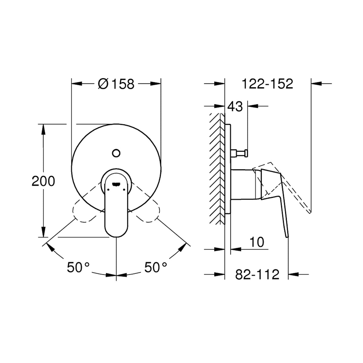 Grohe Eurosmart Cosmopolitan Ankastre Banyo / Duş Bataryası (Sıva Üstü Grubu), 2 Yollu - Teknik Çizim