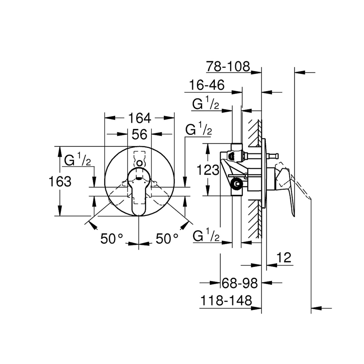 Grohe BauEdge Ankastre Banyo Bataryası - Teknik Çizim