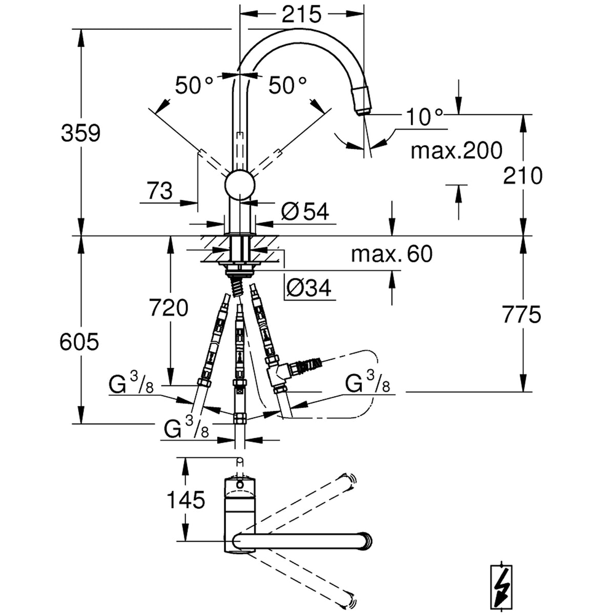 Grohe Minta Kuğu Borulu Eviye Bataryası - Teknik Çizim